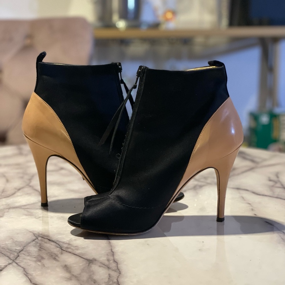 Jerome C. Rousseau Chic Black and Tan Peep-Toe Booties